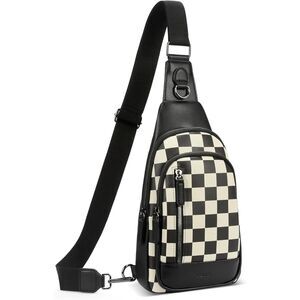 Women Black White Chessboard Imported Faux Leather Sling Cross Body Backpack